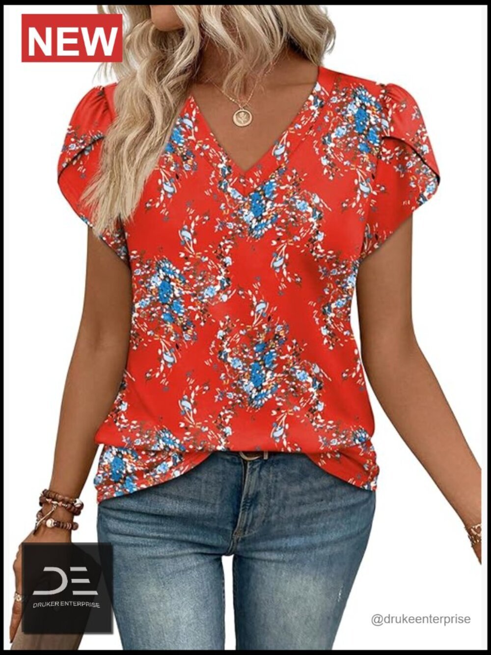 V Neck Petal Sleeve Casual T-Shirt Summer Women Blouse Tops